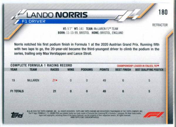 Lando Norris 2020 Topps Chrome Rookie Refractor Card #180