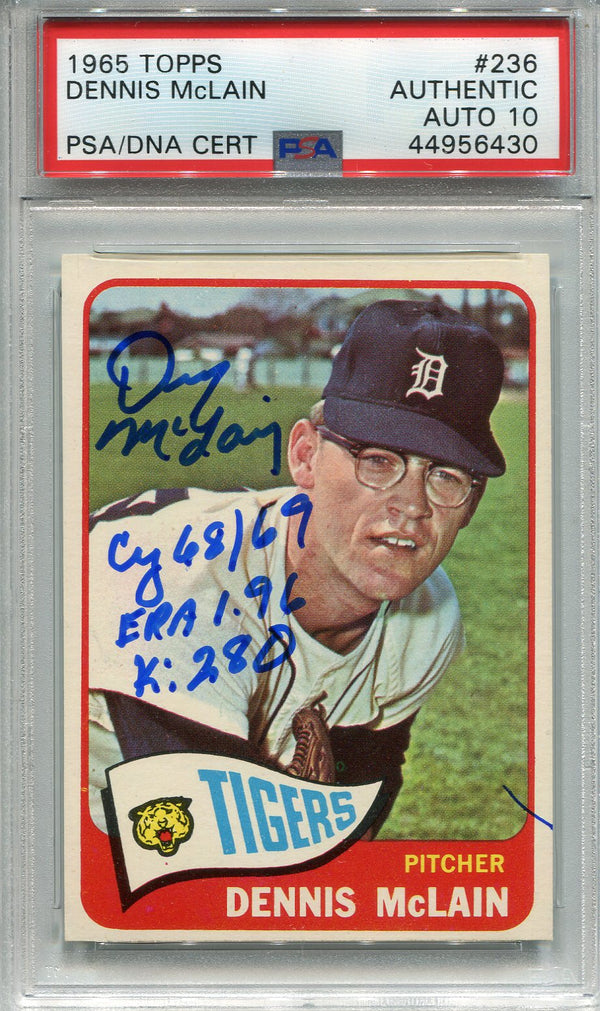 Denny McLain "Cy 68/69" "ERA 1.96" "K:280" Autographed 1965 Topps Rookie Card (PSA)