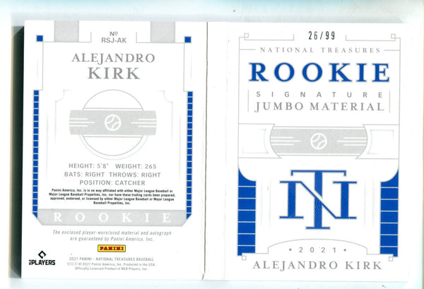 Alejandro Kirk 2021 Panini National Treasures Jumbo Material Card /99