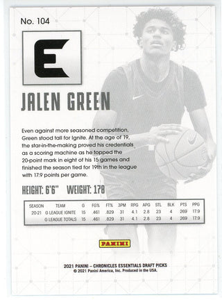 Jalen Green 2021 Panini Chronicles Essentials Draft Picks Rookie Card #104
