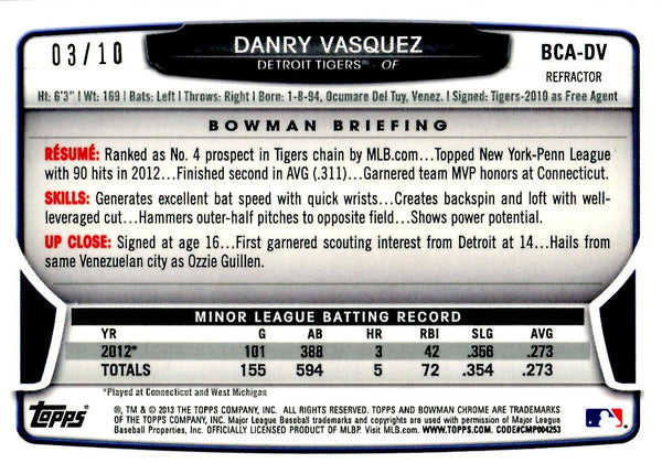 Danry Vasquez 2013 Bowman Chrome Purple Autographed Card #3/10