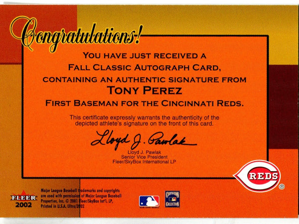 Tony Perez 2001 Fleer Ultra Fall Classic Autographed Card