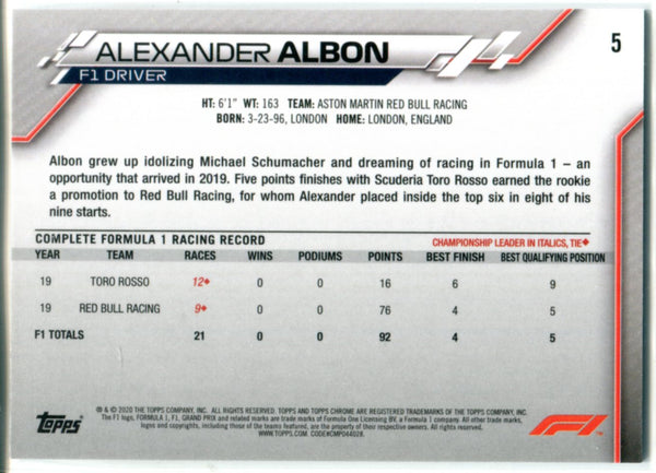 Alexander Albon 2020 Topps Chrome Rookie Card #5
