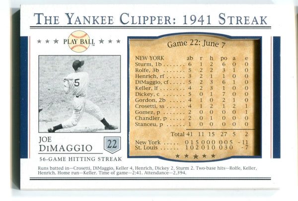 Joe DiMaggio 2003 Upper Deck Play Ball 1941 Streak #S-22 Card