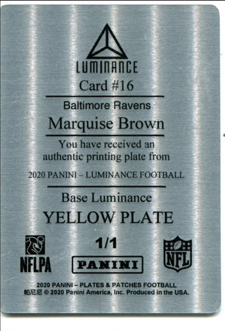 Marquise Brown 2020 Panini Luminance Yellow Plate 1/1 Card #16