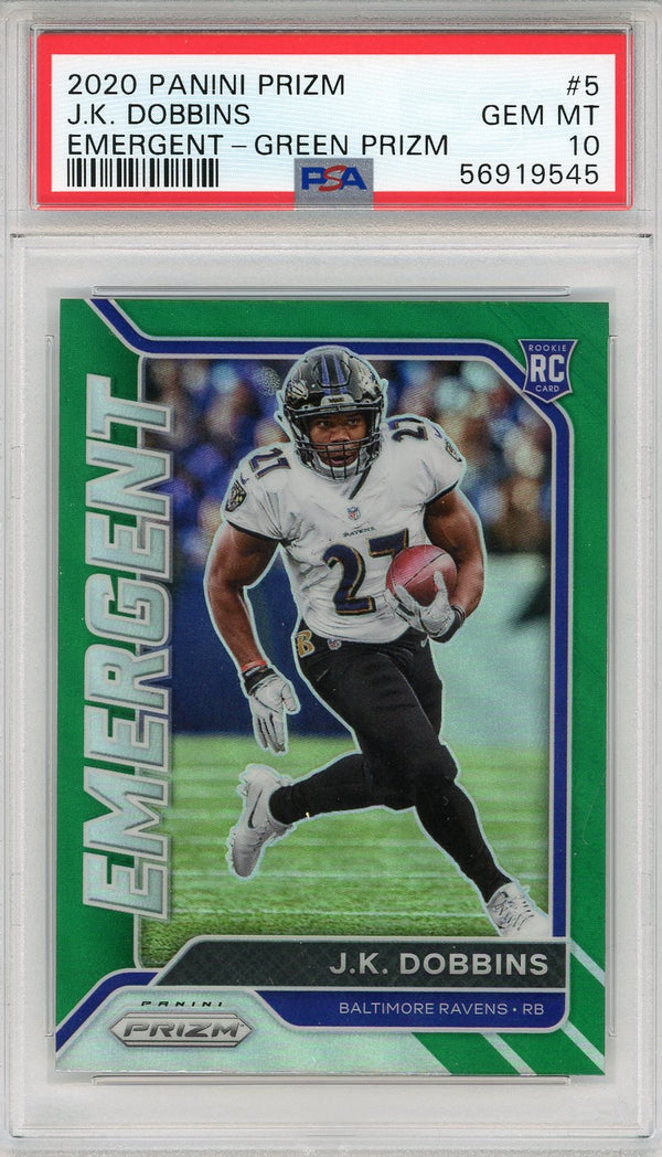 JK Dobbins 2020 Panini Prizm Emergent Green Rookie Card #5 (PSA)