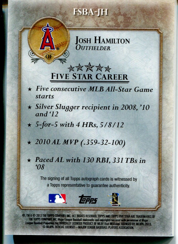 Josh Hamilton 2013 Topps Five Star Autographed Card #294/333