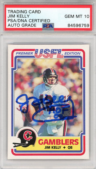 Jim Kelly "HOF 02" Autographed 1984 Topps USFL Rookie Card (PSA Auto Grade 10)