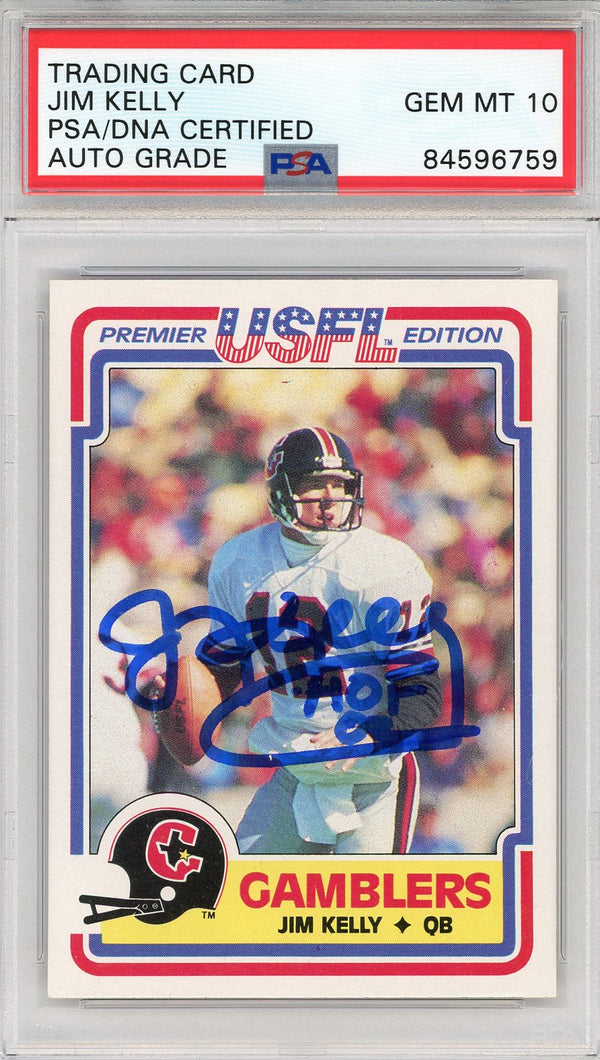 Jim Kelly "HOF 02" Autographed 1984 Topps USFL Rookie Card (PSA Auto Grade 10)