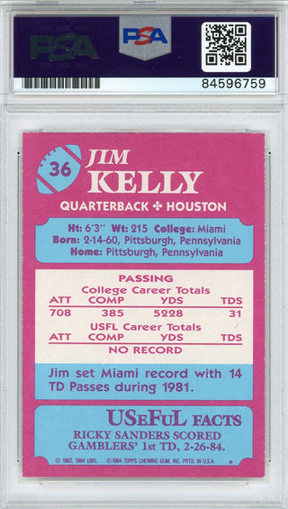 Jim Kelly "HOF 02" Autographed 1984 Topps USFL Rookie Card (PSA Auto Grade 10)