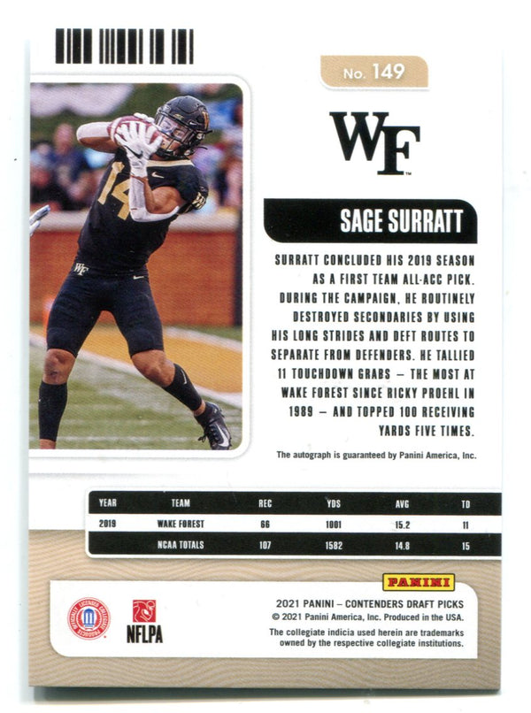 Sage Surray 2021 Panini Contenders Draft Picks #149 Autographed Card