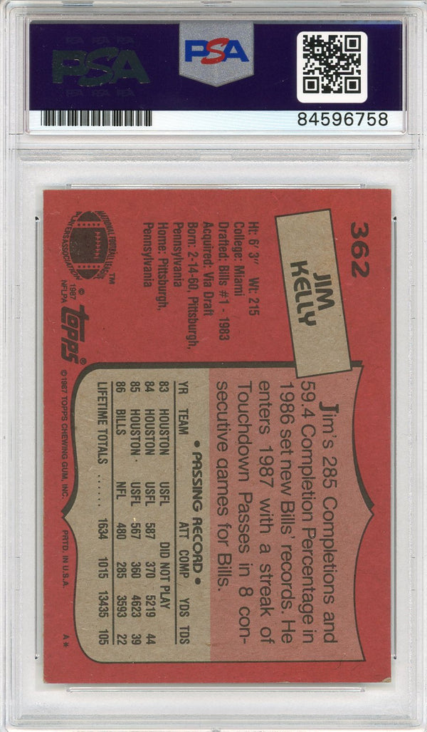 Jim Kelly "HOF 02" Autographed 1987 Topps Rookie Card (PSA Auto Grade 10)