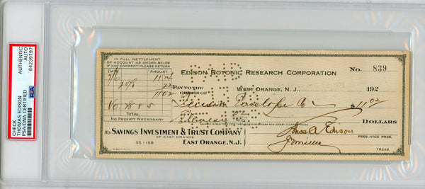 Thomas Edison Autographed Check (PSA)