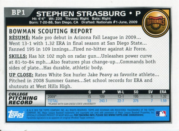Stephen Strasburg 2010 1st Bowman Prospect Rookie Card