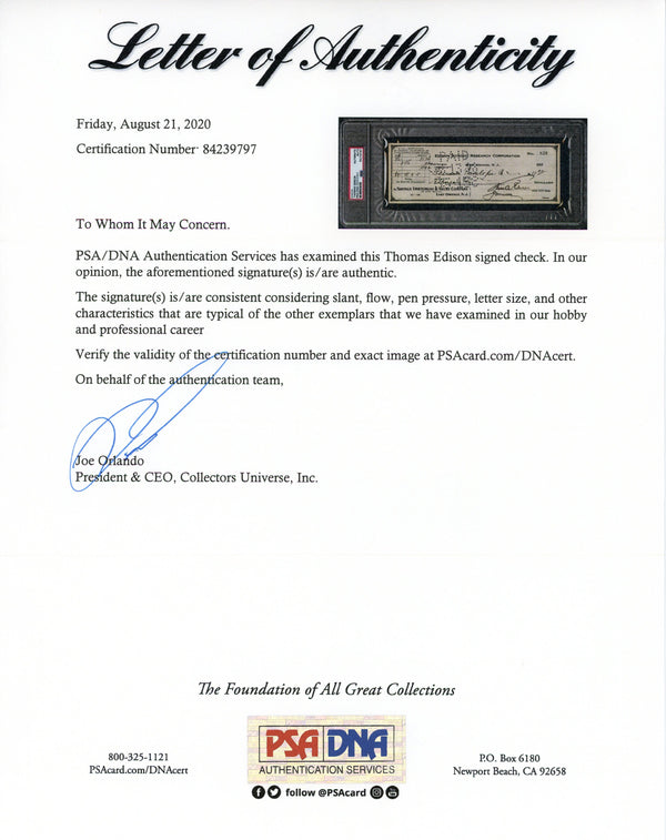 Thomas Edison Autographed Check (PSA)