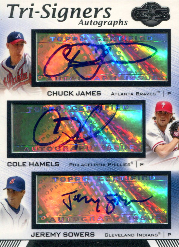 Chuck James, Cole Hamels & Jeremy Sowers Autographed 2007 Topps Tri-Signers Card