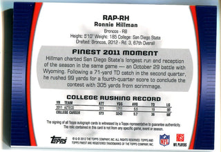 Ronnie Hillman Autographed 2012 Topps Finest Rookie Jersey Card #1169/1353