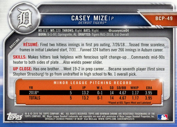 Casey Mize 2019 Bowman Chrome Card