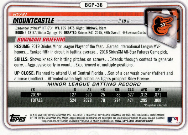 Ryan Mountcastle 2020 Bowman Chrome Card