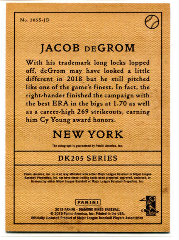Jacob DeGrom Autographed 2019 Panini Diamond Kings Card #205S-JD