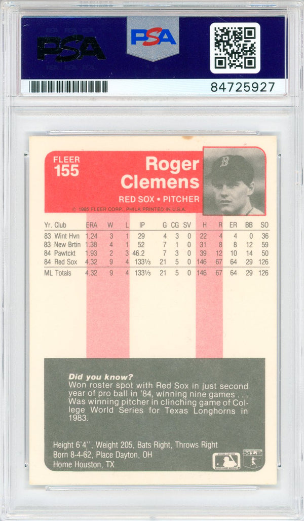 Roger Clemens Autographed 1985 Fleer Card #155 (PSA Auto)