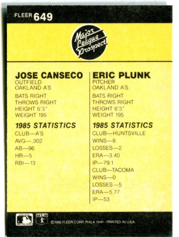 Jose Canseco/Eric Plunk 1996 Fleer Major League Prospects Card