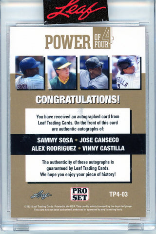Sammy Sosa, Jose Canseco, Alex Rodriguez & Vinny Castilla Autographed 2021 Leaf Power of 4 Card #TP4-03