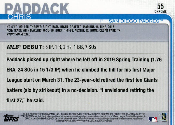 Chris Paddack 2019 Topps Chrome Rookie Card