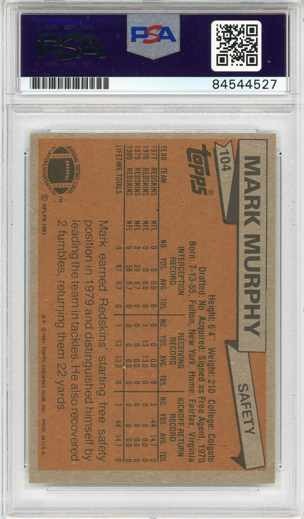 Mark Murphy "Super Bowl XVII Champ" Autographed 1981 Topps Card #104 (PSA Auto 10)