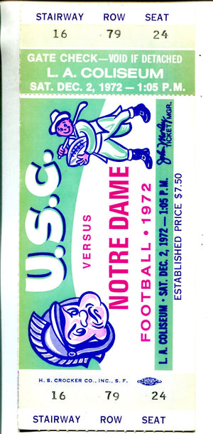 1972 USC Vs. Notre Dame Full Game Football Ticket