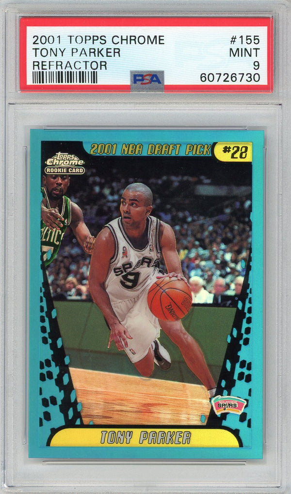 Tony Parker 2001 Topps Chrome Refractor Card #155 (PSA Mint 9)