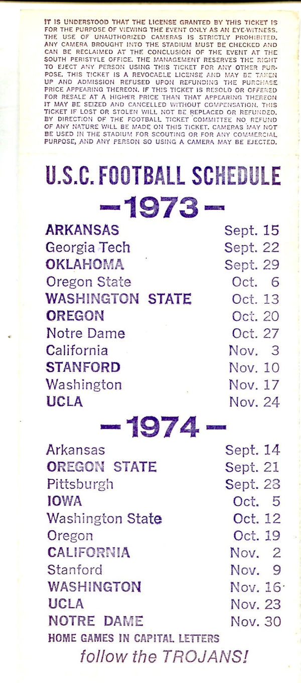 1972 USC Vs. Notre Dame Full Game Football Ticket