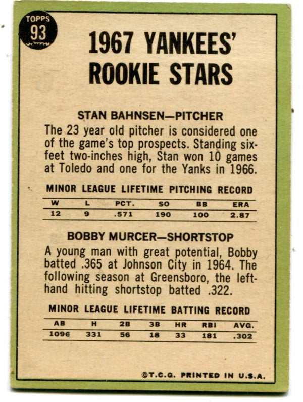 Stan Bahnsen/Bobby Murcer 1967 Topps Yankees Rookie Stars #93 Card