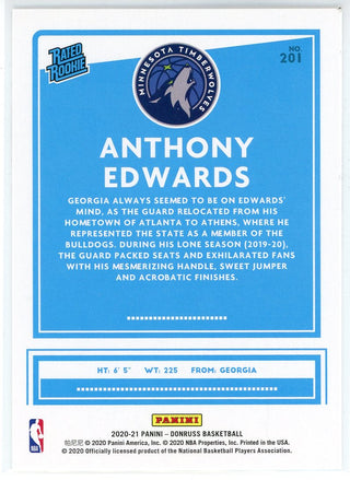 Anthony Edwards 2020-21 Panini Donruss Rated Rookie Card #201