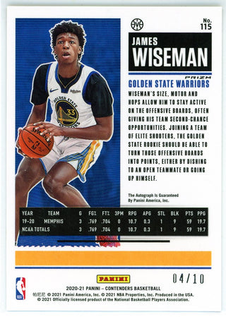 James Wiseman Autographed 2020-21 Panini Contenders Rookie Ticket Gold Prizm Card #115