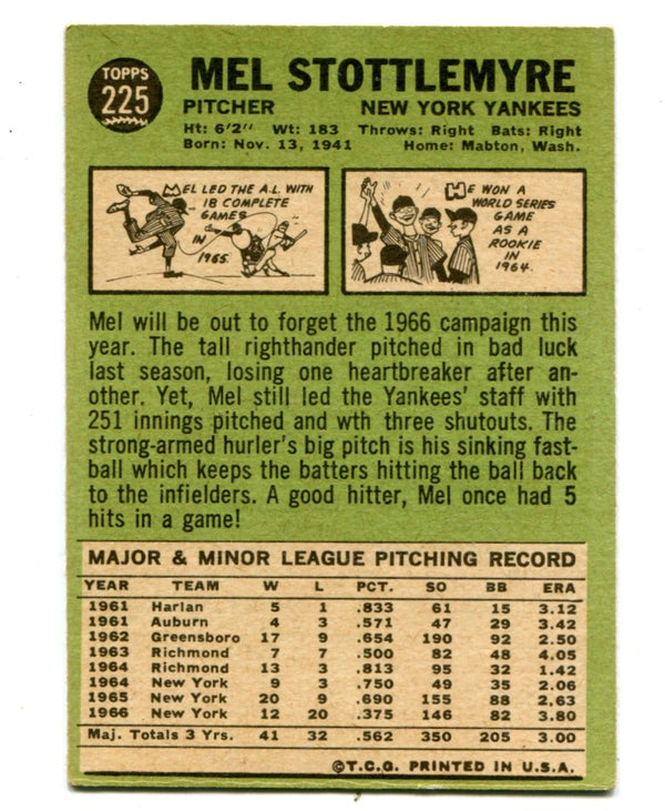 Mel Stottlemyre 1967 Topps #225 Card