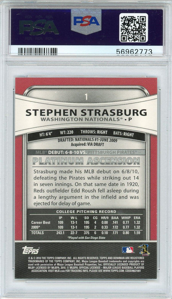Stephen Strasburg 2010 Bowman Platinum Rookie Card #1 (PSA)