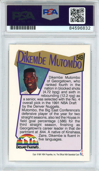 Dikembe Mutombo "HOF 15" Autographed 1991 NBA Hoops Rookie Card (PSA Auto GM 10)