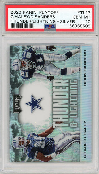 Deion Sanders & Charles Haley 2020 Panini Playoff Thunder & Lightning Silver Card #TL17 (PSA)