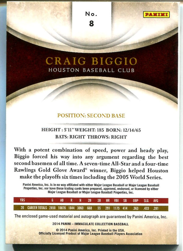 Craig Biggio 2014 Immaculate Collection Game-Used Material