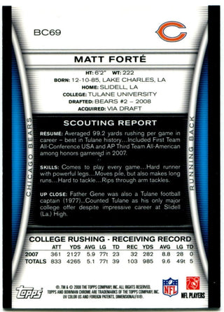 Matt Forte 2008 Bowman Chrome Rookie Card