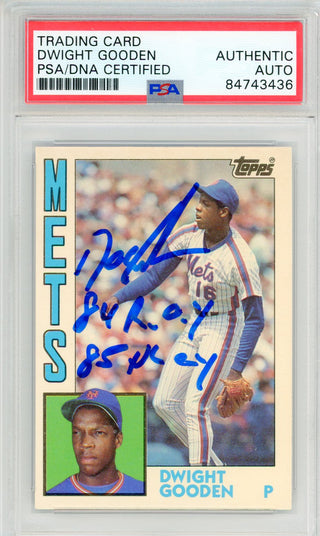Dwight Gooden "84 ROY, 85 NL CY" Autographed 1984 Topps Rookie Card #42T (PSA)