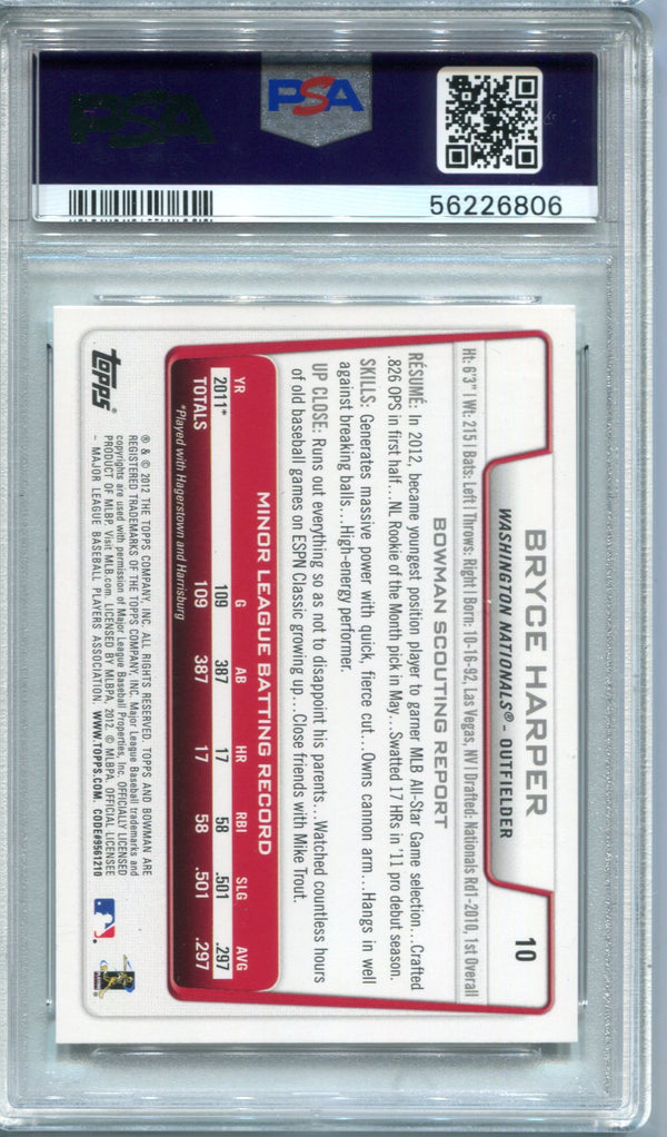 Bryce Harper 2012 Bowman Draft #10 Rookie Card PSA Mint 9