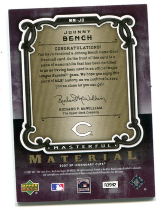Johnny Bench 2002 Upper Deck Game Used Jersey Card