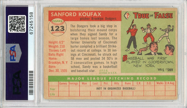 Sandy Koufax 1955 Topps Rookie Baseball Card #123 - Graded VG 3 (PSA)