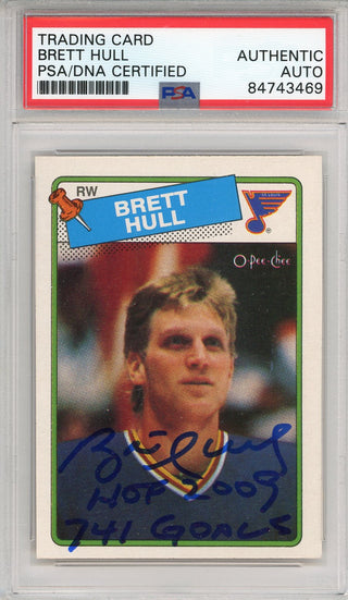 Brett Hull "HOF 2009, 741 Goals" Autographed 1988 O-Pee-Chee Card #66 (PSA)