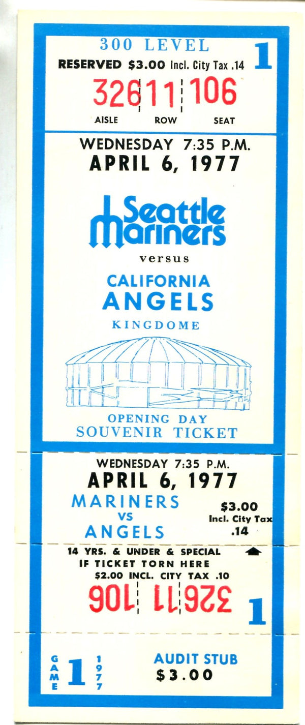 1977 Seattle Mariners Vs. California Angels Opening Day Souvenir Game Ticket