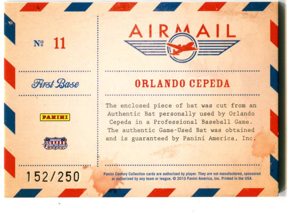 Orlando Cepeda 2010 Panini Century Air Mail #11 Material Card /250