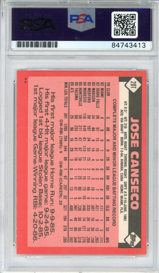 Jose Canseco "86 AL ROY, 88 AL MVP" Autographed 1986 Topps Rookie Card #20T (PSA)