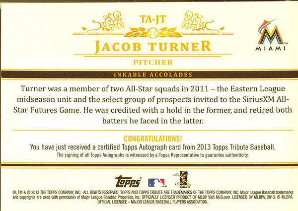 Jacob Turner Autographed 2013 Topps Tribute Card